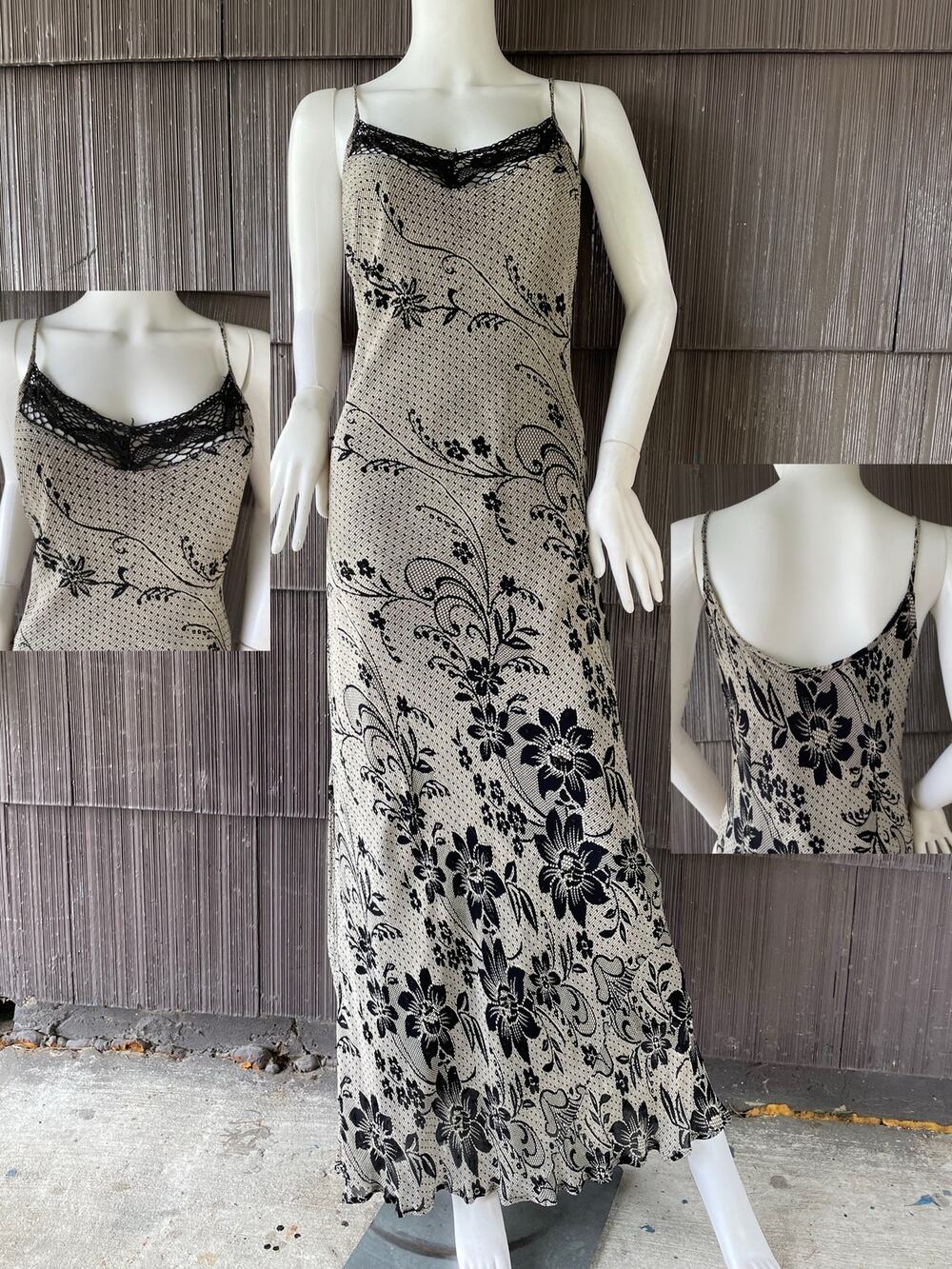 🔥Vintage Y2K Newport News Black Beige Beaded Floral Maxi Dress Whimsigoth